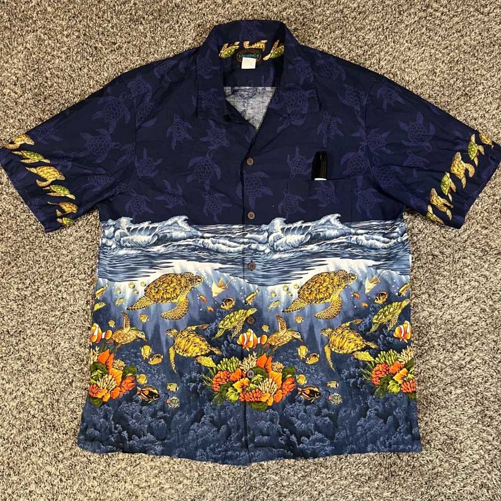 Vintage Hawaiian Reserve Collection Sea Turtle Reef Shirt Navy Blue Mens Large